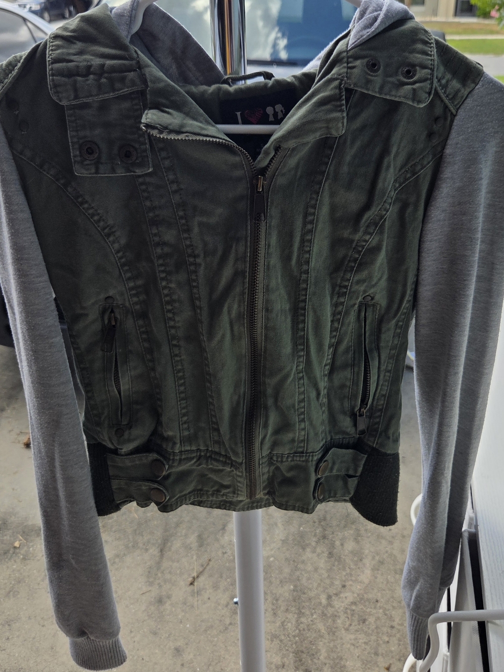 Forever 21 Olive Green Utility Jacket with Gray Hooded Sleeves
